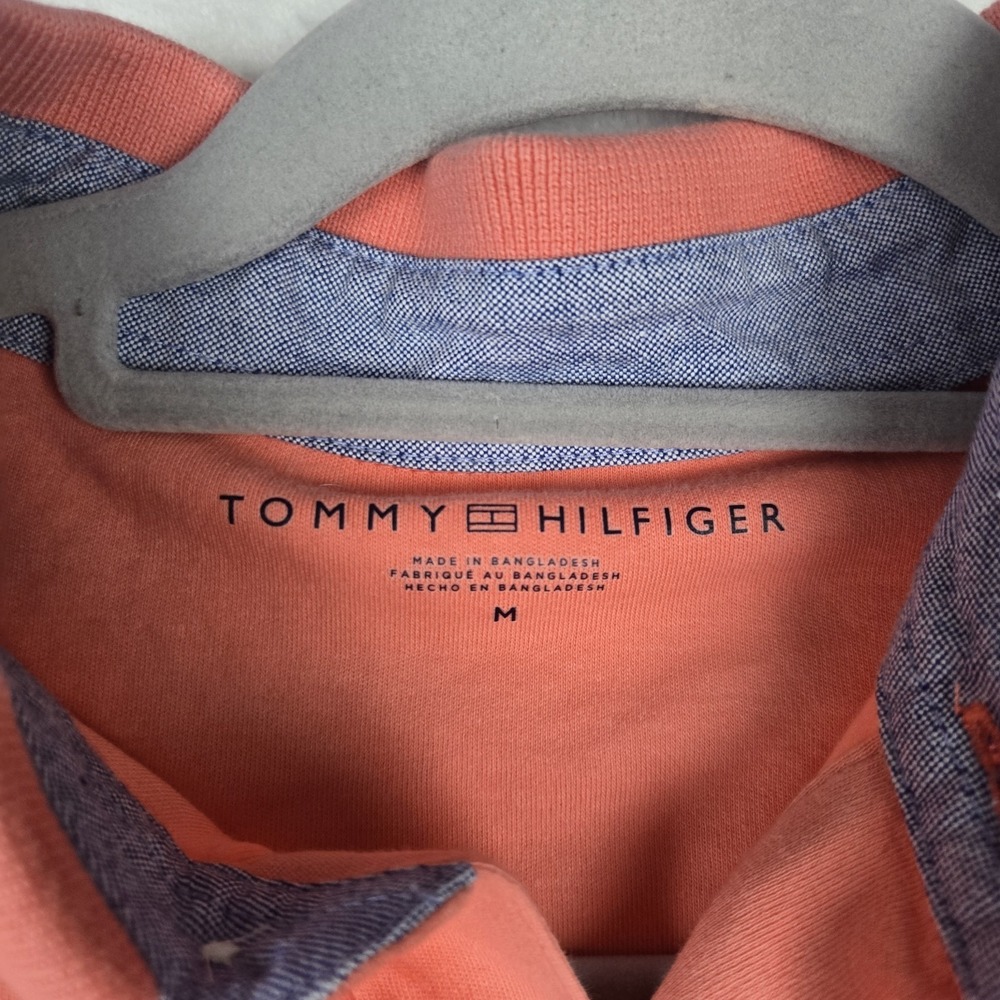 Tommy Hilfiger Men's Orange Pink Polo Size‎ Medium White Piping Logo - Picture 3 of 8